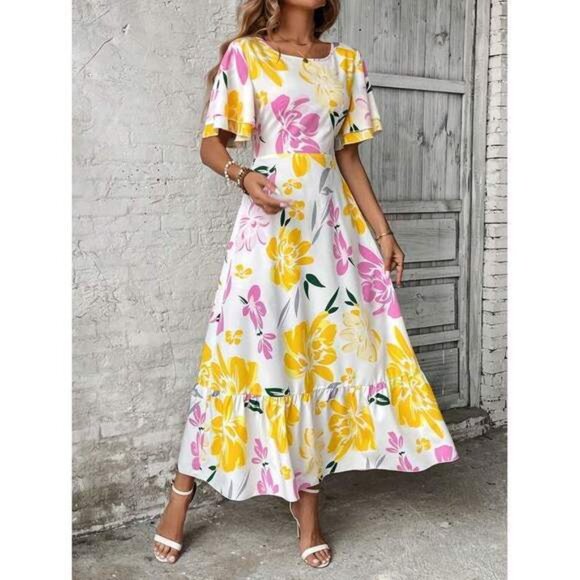 New Women's French Floral Printed Ruffled Short Sleeve Round Neck Dress Max - Picture 4 of 6